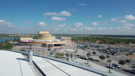 Drone-view-of-the-cultural-center-of-Reynosa-on-a-beautiful-day-with-a-blue-sky