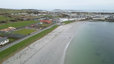 Aerial-Beach-View,-With-Port-Ellen-In-Background,-Islay,-Scotland