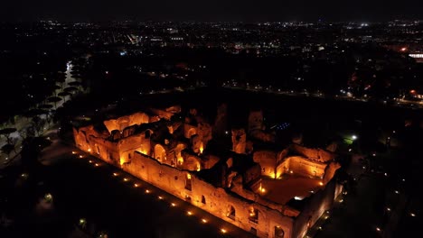 Forward-Drone-Shot-Above-Baths-of-Caracalla-in-Rome,-Italy-City-Centre
