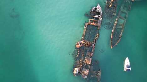 Shipwreck-Sank-Rusty-Ship-at-Blue-Sea-Water-Aerial-Top-Down,-Moreton-Island-Underwater-Travel-Destination