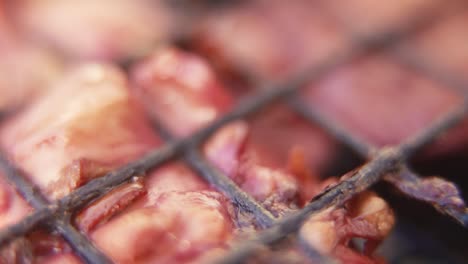 Macro-video-of-a-raw-meat-with-blood,-juicy-steak-on-the-grill,-BBQ-close-up,-push-in-movement,-Full-HD