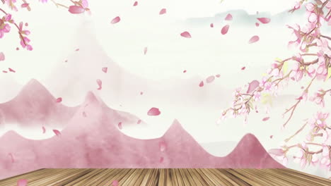 Animación-De-Arte-Digital-Oriental-Tradicional-De-China,-Tinta-De-Pintura-China-En-Montaña-Con-Flores,-árboles,-Pájaros,-Río-En-Obras-De-Arte-De-Fondo-De-Niebla