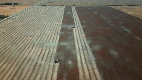 Eine-Luftaufnahme-Einer-Drohne-Von-Einem-Einzelnen-Mähdrescher-Mit-Einem-Landwirtschaftlichen-Traktor,-Der-Erntelinien-Durch-Ein-Weizenfeld-Fährt
