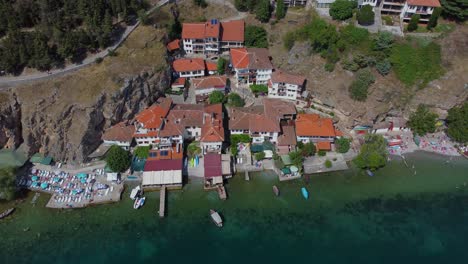 Aerial-view-of-beautiful-shores-of-Lake-Ohrid,-Macedonia