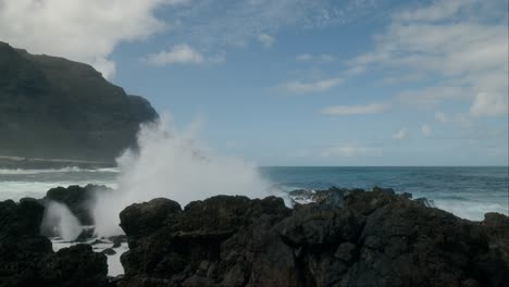 Powerful-waves-crash-against-volcanic-rocks-in-slow-motion,-Playa-de-las-Arenas