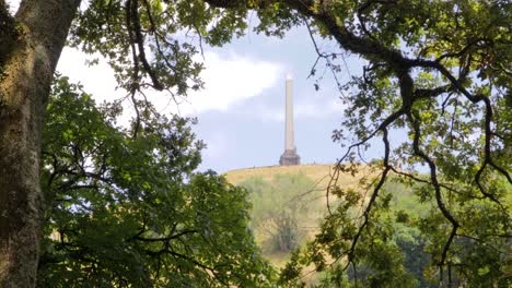 Freie-Sicht-Durch-Baldachin-In-Richtung-Obelisk-Wahrzeichen,-Bewölkter-Tag-In-Cornwall-Park,-Neuseeland