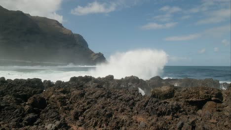 Slow-motion-shot-of-waves-hitting-the-rocks-at-a-beach-in-Tenerife,-Canary-Islands