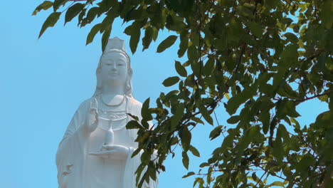 Gran-Estatua-Blanca-De-Buda-Con-Follaje-De-árbol-Verde-En-Primer-Plano