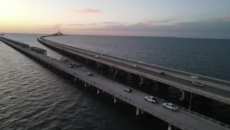 Aerial-view-of-famous-sunshine-skyway-bridge-and-fishing-pier-in-Tampa-Bay,-Florida