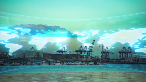 Time-lapse-of-a-industrial-port-with-a-glowing-world-map-overlay---CGI-render