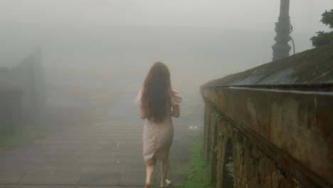 young-widow-well-dressed-walking-alone-on-to-cemetery-path-with-blue-flower-in-foggy-misty-landscape
