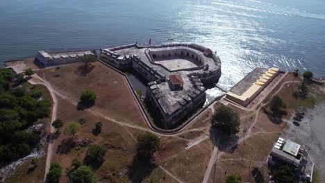 Aerial-View-of-San-Fernando-Castle-and-Fort,-Bocahica-Island,-Cartagena,-Colombia,-Drone-Shot