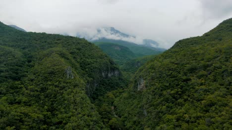 Luftaufnahme-über-Einem-Riesigen-Grünen-Wald-In-Den-Bergen-Mit-Wunderschönen-Klippen-Und-Wolken-Im-Hintergrund,-Drohnenaufnahmen