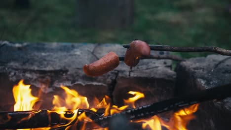 Roasting-sausages-on-a-stick-on-a-bonfire-after-dark