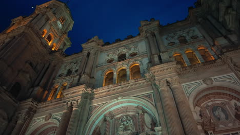 Facade-of-the-Malaga-Cathedral-at-night-in-Andalusia,-Southern-Spain
