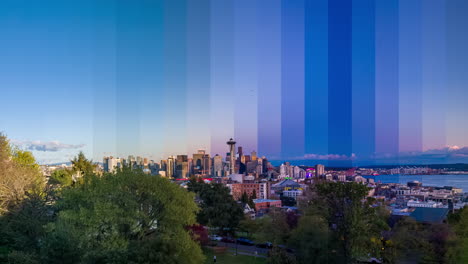 Zeitraffer-Der-Skyline-Von-Seattle-Im-Tag-Nacht-Modus-Mit-Space-Needle-Und-Farbenfrohem-Himmel