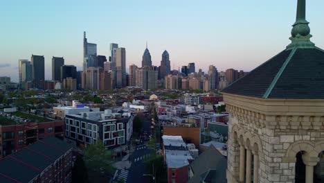 South-Philadelphia-Sunset,-Vertical-Panorama-of-Downtown-Philly