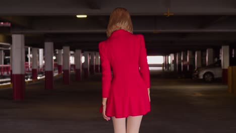 Amidst-the-concrete-confines-of-a-city-parking-garage,-a-young-Hispanic-girl-wears-a-short-red-dress