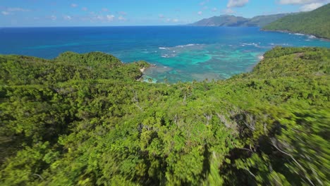 Drohne-FPV-Fliegt-über-üppigen-Wald-Und-Sinkt-In-Richtung-Playa-Ermitano-Beach,-Samana-In-Der-Dominikanischen-Republik