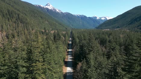 aerial-shot-over-a-car-driving-on-a-straight-road-between-trees-revealing-mountains-in-the-background,-chilliwack-british-columbia,-canada