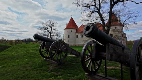 Rustic-Cannons-in-Front-of-Bauska-Castle,-Latvia