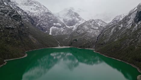 Flew-across-Bondhusvatnet-Lake,-a-glacier-lake-in-Norway