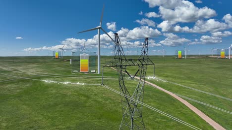 Wind-farm-with-turbines-and-power-lines,-green-field-and-blue-sky,-with-battery-icons-indicating-energy-storage