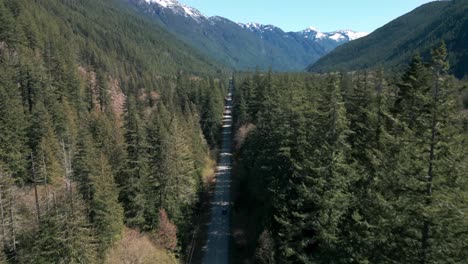 Drone-Disparó-Sobre-Una-Carretera-Recta-Siguiendo-Un-Automóvil-En-Medio-De-Un-Bosque-Con-Una-Montaña-Al-Fondo,-Chilliwack,-Columbia-Británica,-Canadá