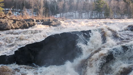 Dramatic-river-raging-fiercely-at-sunset-from-springtime-flooding