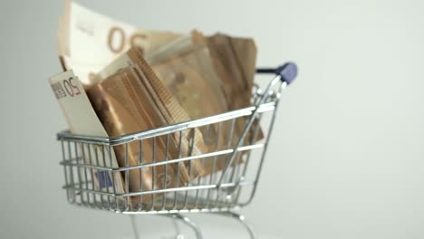 Shopping-cart-rotating-on-it's-own-center-50-Euro-notes-bills-rotating-money-studio-shot