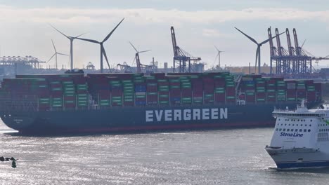 Container-Ship-And-Ferry-In-Hoek-van-Holland,-Netherlands---Drone-Shot