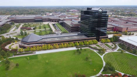 Aerial-flyaway-view-of-Chrysler-Technology-Center-Headquarters