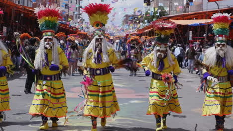 Ornate-participants-in-parade-route-during-Carnival-in-Oruro,-Bolivia