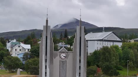 Aerial-View-of-Akureyrarkirkja,-Lutheran-Church-in-Akureyri,-Iceland