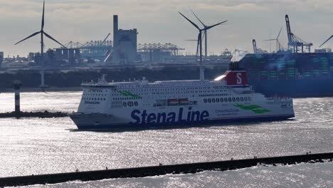 MV-Stena-Hollandica-Ferry-In-Hook-Of-Holland,-Netherlands---Drone-Shot
