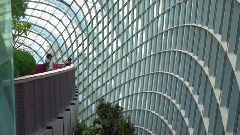 People-visiting-and-exploring-the-Singapore's-landmark-attraction,-static-shot-capturing-the-glass-of-greenhouse-conservatory,-the-modern-architecture-of-Flower-Dome-at-Gardens-by-the-bay