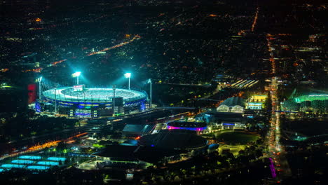 Timelapse,-Cricket-Ground-Stadium-in-Melbourne-Australia-During-Night-Game-and-Street-Traffic
