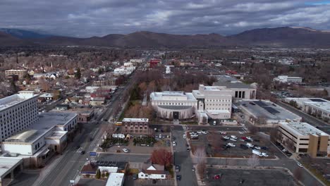 Carson-City-NV-USA,-Aerial-View-of-Downtown,-Nevada-State-Legislature-and-Capitol-Buildings-on-Winter-Day,-Drone-Shot