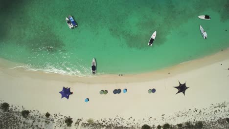 Aerial-top-down-view-of-Cayo-de-Agua-with-boats-and-starfish-on-a-sunny-day,-turquoise-waters