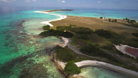 Cayo-de-agua-with-its-clear-waters-and-lush-greenery,-reverse-tracking-shot,-aerial-view