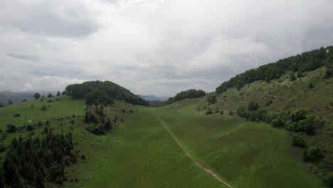 Exuberantes-Colinas-Verdes-Bajo-Un-Cielo-Nublado,-Vista-Aérea-De-Un-Paisaje-Sereno