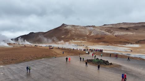 Aerial-View-of-Tourists-on-Iceland-Sightseeing-Tour-in-Active-Geothermal-Area,-Geysir-Hot-Springs