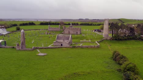 Slow-captivating-orbit-of-Clonmacnoise-on-an-overcast-day