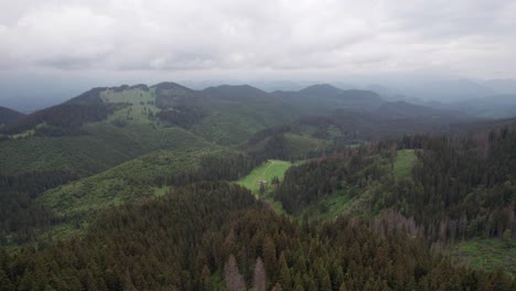 üppige-Grüne-Hügel-Unter-Bewölktem-Himmel,-Weite-Waldlandschaft,-Luftaufnahme