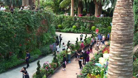 Turistas-Caminando-Por-El-Camino-Del-Campo-De-Flores,-Visitando-Y-Explorando-La-Popular-Atracción-Turística-De-Singapur,-El-Invernadero-De-Cristal-Con-Cúpula-De-Flores-En-Los-Jardines-Junto-A-La-Bahía