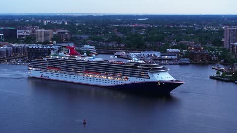 Drone-shot-of-Cruise-ship-entering-Elizabath-River-in-Hampton-Roads,-diverted-from-Baltimore-because-of-the-Francis-Scott-Key-Bridge-Collapse