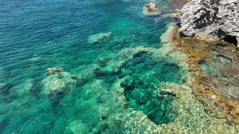 The-crystal-blue-waters-and-rocky-shores-of-corfu-island-in-the-ionian-sea,-aerial-view