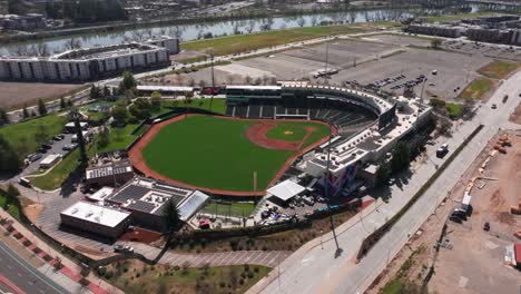 Drone-aerial-view-of-the-Sutter-Health-Park-on-a-sunny-day-in-Sacramento,-CA