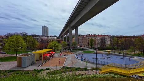 Nusle-Bridge-And-Folimanka-Park-In-The-City-Of-Prague,-Czech-Republic