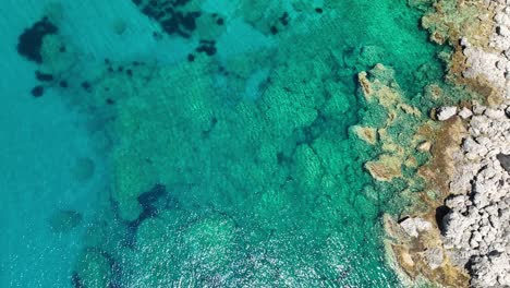 Corfu-island-with-clear-turquoise-waters-meeting-rocky-shore,-aerial-view